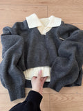 DERMEARNE Preppy Style Turn-down Collar Sweater Women's Autumn Winter High Waist Two-piece Set Knitted Pullover Top 2025 New Short Top