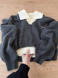 DERMEARNE Preppy Style Turn-down Collar Sweater Women's Autumn Winter High Waist Two-piece Set Knitted Pullover Top 2025 New Short Top