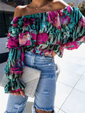 DERMEARNE Printed One Shoulder Chiffon Shirt Women Fashion Sexy Off Shoulder Ruffles Long Sleeve Shirt Blouse Ladies Spring Autumn New Top