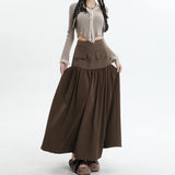 DERMEARNE 2025 Autumn Winter Long Skirt Women Maxi Skirt Goth Vintage High Waisted Patchwork Ruffle Pleated Skirt Black Khaki