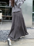 DERMEARNE Qiukichonson Grey Maxi Long Skirt Women 2025 Korean Fashion Autumn Winter Casual High Waisted Ruffle Pleated Skirts 90cm rok