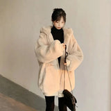 DERMEARNE Quilted Thick Furry Coat Female Autumn And Winter Lamb Plush Imitation Mink Rex Rabbit Fur Coat Women Thickened Hooded Coat