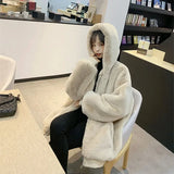 DERMEARNE Quilted Thick Furry Coat Female Autumn And Winter Lamb Plush Imitation Mink Rex Rabbit Fur Coat Women Thickened Hooded Coat