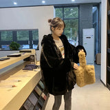 DERMEARNE Quilted Thick Furry Coat Female Autumn And Winter Lamb Plush Imitation Mink Rex Rabbit Fur Coat Women Thickened Hooded Coat