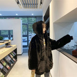 DERMEARNE Quilted Thick Furry Coat Female Autumn And Winter Lamb Plush Imitation Mink Rex Rabbit Fur Coat Women Thickened Hooded Coat