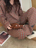DERMEARNE Red Plaid Pajama Sets Women Vintage Loose Panelled Fashion Chic Casual  Sleepwear Spring Korean Style College Girls Popular Soft