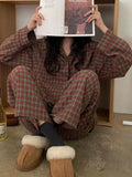 DERMEARNE Red Plaid Pajama Sets Women Vintage Loose Panelled Fashion Chic Casual  Sleepwear Spring Korean Style College Girls Popular Soft