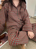 DERMEARNE Red Plaid Pajama Sets Women Vintage Loose Panelled Fashion Chic Casual  Sleepwear Spring Korean Style College Girls Popular Soft