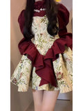 DERMEARNE Red Suit Women Dress Vintage Fairy Princess Long Sleeve Christmas New Year Dresses One-Piece Evening Party New Korean Chic Robes
