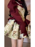 DERMEARNE Red Suit Women Dress Vintage Fairy Princess Long Sleeve Christmas New Year Dresses One-Piece Evening Party New Korean Chic Robes