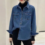 DERMEARNE Retro Blue Shirt Denim Shirt for Women Autumn 2025 New Design Shirts Long Sleeved Solid Single Breasted Jeans Jacket for Women