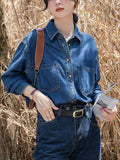 DERMEARNE Retro Dark Blue Denim Shirt Lapel Long Sleeved Soft Jean Shirt Spring Autumn Solid Color Casual Ladies Basic Blouse Tops