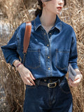 DERMEARNE Retro Dark Blue Denim Shirt Lapel Long Sleeved Soft Jean Shirt Spring Autumn Solid Color Casual Ladies Basic Blouse Tops