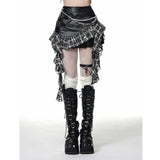 DERMEARNE Retro Harajuku Gothic Style Leather Splicing Short Skirt for Women Y2K Lace Hem Mini Pleated Skirt Autumn Street Cool Girl