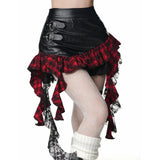 DERMEARNE Retro Harajuku Gothic Style Leather Splicing Short Skirt for Women Y2K Lace Hem Mini Pleated Skirt Autumn Street Cool Girl
