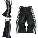DERMEARNE Retro Hip Hop Mens Jeans Y2k Black Striped Baggy Jeans Harajuku Gothic Embroidered Wide Leg Denim Pants High Street Streetwear