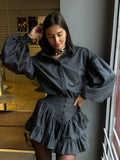 DERMEARNE Retro Lapel Button Loose Bishop Sleeve Women Blouse Suit Chic Ruffle Edge High Waist Mini Skirt Set 2025 Lady Spring New Outfits