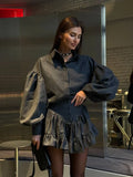DERMEARNE Retro Lapel Button Loose Bishop Sleeve Women Blouse Suit Chic Ruffle Edge High Waist Mini Skirt Set 2025 Lady Spring New Outfits