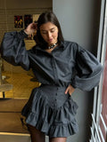 DERMEARNE Retro Lapel Button Loose Bishop Sleeve Women Blouse Suit Chic Ruffle Edge High Waist Mini Skirt Set 2025 Lady Spring New Outfits