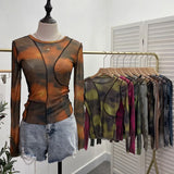 DERMEARNE Retro Smudged Print Sexy See Through Mesh Bottoming Shirt Slim Long Sleeved Top Y2K T-shirt Party Leisure Essential Streetwear