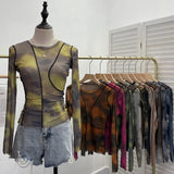 DERMEARNE Retro Smudged Print Sexy See Through Mesh Bottoming Shirt Slim Long Sleeved Top Y2K T-shirt Party Leisure Essential Streetwear