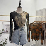 DERMEARNE Retro Smudged Print Sexy See Through Mesh Bottoming Shirt Slim Long Sleeved Top Y2K T-shirt Party Leisure Essential Streetwear