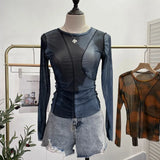 DERMEARNE Retro Smudged Print Sexy See Through Mesh Bottoming Shirt Slim Long Sleeved Top Y2K T-shirt Party Leisure Essential Streetwear