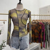 DERMEARNE Retro Smudged Print Sexy See Through Mesh Bottoming Shirt Slim Long Sleeved Top Y2K T-shirt Party Leisure Essential Streetwear