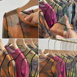 DERMEARNE Retro Smudged Print Sexy See Through Mesh Bottoming Shirt Slim Long Sleeved Top Y2K T-shirt Party Leisure Essential Streetwear