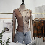 DERMEARNE Retro Smudged Print Sexy See Through Mesh Bottoming Shirt Slim Long Sleeved Top Y2K T-shirt Party Leisure Essential Streetwear