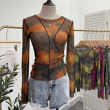 DERMEARNE Retro Smudged Print Sexy See Through Mesh Bottoming Shirt Slim Long Sleeved Top Y2K T-shirt Party Leisure Essential Streetwear