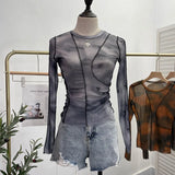 DERMEARNE Retro Smudged Print Sexy See Through Mesh Bottoming Shirt Slim Long Sleeved Top Y2K T-shirt Party Leisure Essential Streetwear