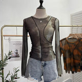 DERMEARNE Retro Smudged Print Sexy See Through Mesh Bottoming Shirt Slim Long Sleeved Top Y2K T-shirt Party Leisure Essential Streetwear