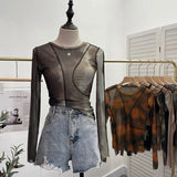 DERMEARNE Retro Smudged Print Sexy See Through Mesh Bottoming Shirt Slim Long Sleeved Top Y2K T-shirt Party Leisure Essential Streetwear