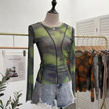 DERMEARNE Retro Smudged Print Sexy See Through Mesh Bottoming Shirt Slim Long Sleeved Top Y2K T-shirt Party Leisure Essential Streetwear