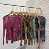 DERMEARNE Retro Smudged Print Sexy See Through Mesh Bottoming Shirt Slim Long Sleeved Top Y2K T-shirt Party Leisure Essential Streetwear