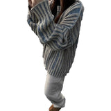 DERMEARNE Retro Striped Contrast Color Sweater Women Spring and Autumn High Street Couple Niche Lazy Style Knitted Sweater Cardigan Women