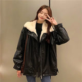 DERMEARNE Retro Thick Warm Leather Coat Winter Woman Plush Loose Fur Integrated Lapel Long Sleeve Jacket Korean Female Streetwear Outwear