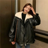 DERMEARNE Retro Thick Warm Leather Coat Winter Woman Plush Loose Fur Integrated Lapel Long Sleeve Jacket Korean Female Streetwear Outwear