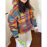 DERMEARNE Retro playful and cute colorful hooded sweatshirt for women 2025 autumn and winter new style chic loose age-reducing plush top