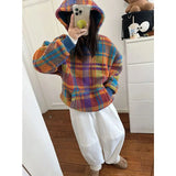 DERMEARNE Retro playful and cute colorful hooded sweatshirt for women 2025 autumn and winter new style chic loose age-reducing plush top