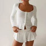 DERMEARNE Ribbed Knit Pajama Suit for Women Long Sleeve Button Down Top Ruffle Shorts 2 Piece Lounge Sets Y2k Sleepwear Female Short Dres