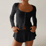 DERMEARNE Ribbed Knit Pajama Suit for Women Long Sleeve Button Down Top Ruffle Shorts 2 Piece Lounge Sets Y2k Sleepwear Female Short Dres