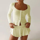 DERMEARNE Ribbed Knit Pajama Suit for Women Long Sleeve Button Down Top Ruffle Shorts 2 Piece Lounge Sets Y2k Sleepwear Female Short Dres