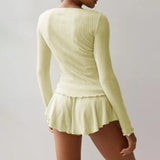 DERMEARNE Ribbed Knit Pajama Suit for Women Long Sleeve Button Down Top Ruffle Shorts 2 Piece Lounge Sets Y2k Sleepwear Female Short Dres