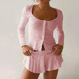 DERMEARNE Ribbed Knit Pajama Suit for Women Long Sleeve Button Down Top Ruffle Shorts 2 Piece Lounge Sets Y2k Sleepwear Female Short Dres