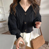 DERMEARNE Rimocy V Neck Cropped Cardigan Women Long Sleeve Twist Knitted Sweater Coats Woman Korean Fashion Solid Color Button Up Cardigan