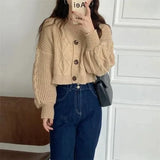 DERMEARNE Rimocy V Neck Cropped Cardigan Women Long Sleeve Twist Knitted Sweater Coats Woman Korean Fashion Solid Color Button Up Cardigan