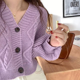 DERMEARNE Rimocy V Neck Cropped Cardigan Women Long Sleeve Twist Knitted Sweater Coats Woman Korean Fashion Solid Color Button Up Cardigan