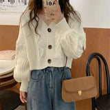 DERMEARNE Rimocy V Neck Cropped Cardigan Women Long Sleeve Twist Knitted Sweater Coats Woman Korean Fashion Solid Color Button Up Cardigan